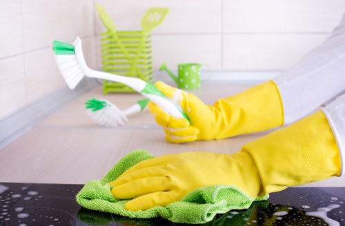 Technician reviewing service details before a carpet cleaning booking