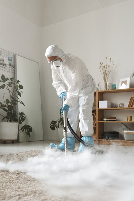 A professional cleaning technician dressed in full protective gear, including a white suit, face mask, gloves, and overshoes, performs deep carpet cleaning on a beige rug in a modern, well-lit living 